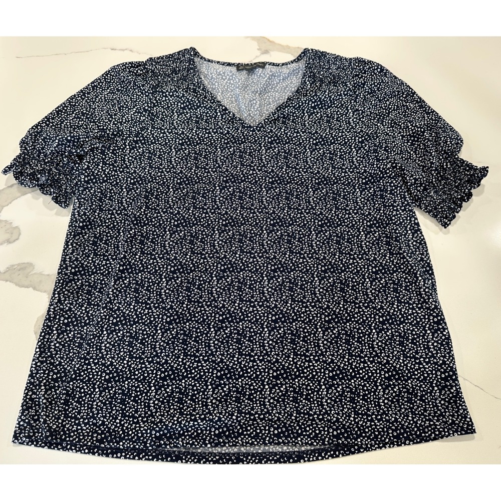 Adrianna Papell Womens Navy White Dot V-Neck Puff‎ Sleeve Blouse  L
